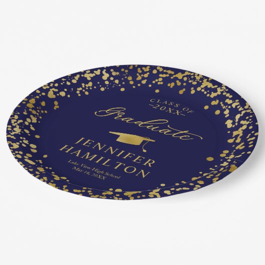 Afstuderen gouden Confetti op blauw Afstuderen Papieren Bordje (Gekanteld)