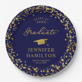 Afstuderen gouden Confetti op blauw Afstuderen Papieren Bordje (Voorkant)
