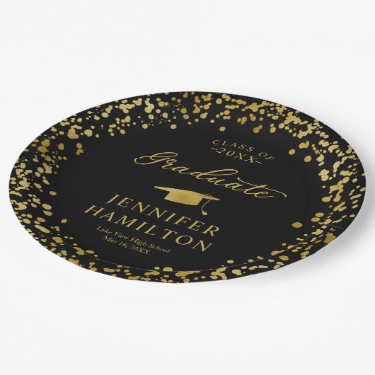 Afstuderen gouden Confetti op zwart Afstuderen Papieren Bordje (Gekanteld)