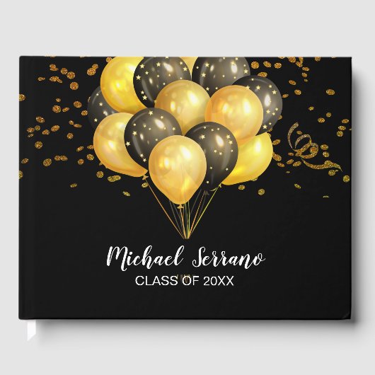 Afstuderen gouden en zwarte ballonnen en Confetti Gastenboek (Voorkant)