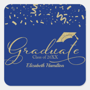 Afstuderen Gouden Folie Graduatie Party Blauw Vierkante Sticker