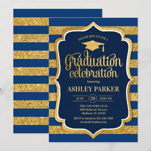 Afstuderen - gouden marineblauwe strepen kaart (Voorkant / Achterkant)