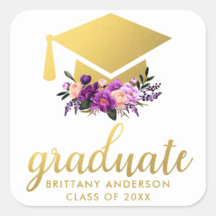 Afstuderen Gouden Paarse Waterverf Bloemen Vierkante Sticker