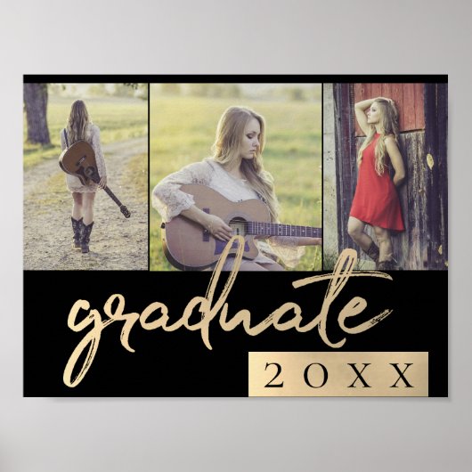 Afstuderen gouden script | Elegant 3 foto aandenke Poster (Voorkant)