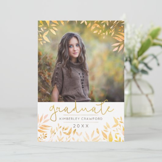 Afstuderen Gouden Script Foliage Fotocollage Kaart (Staand voorkant)