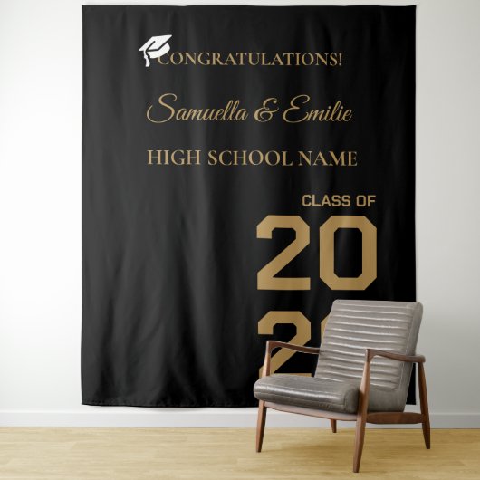 Afstuderen Gouden Script Twin Graduation Party Wandkleed (In situ)
