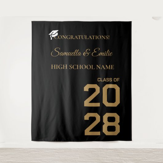 Afstuderen Gouden Script Twin Graduation Party Wandkleed (Voorkant)
