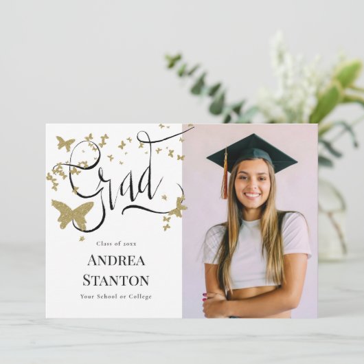 Afstuderen gouden vlinders Afstudeerder kalligrafi Aankondiging (Staand voorkant)