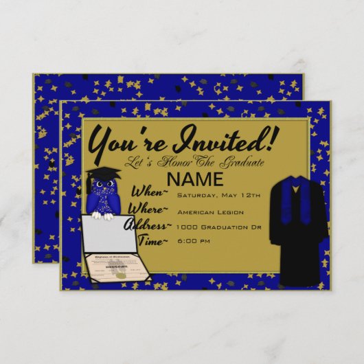 Afstuderen Gown en Stole Blue Invites Kaart (Voorkant / Achterkant)