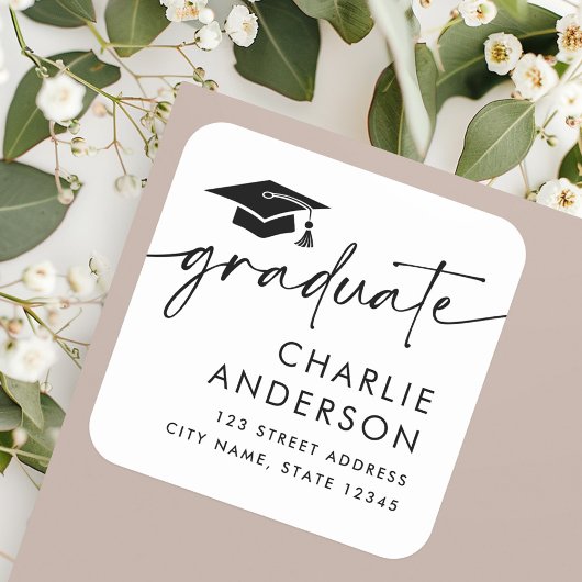 Afstuderen graduatie cap wit retouradres vierkante sticker