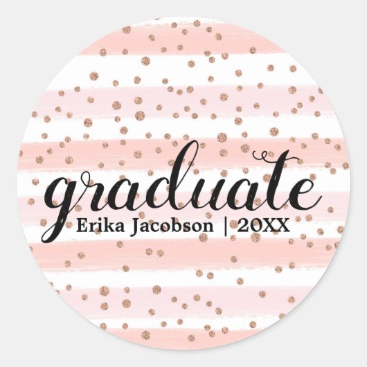 Afstuderen grafische roze en gouden striped aangep ronde sticker (Voorkant)