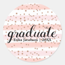 Afstuderen grafische roze en gouden striped aangep ronde sticker