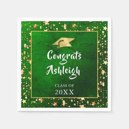 Afstuderen Green Gold Stars Brush Script Servet (Voorkant)