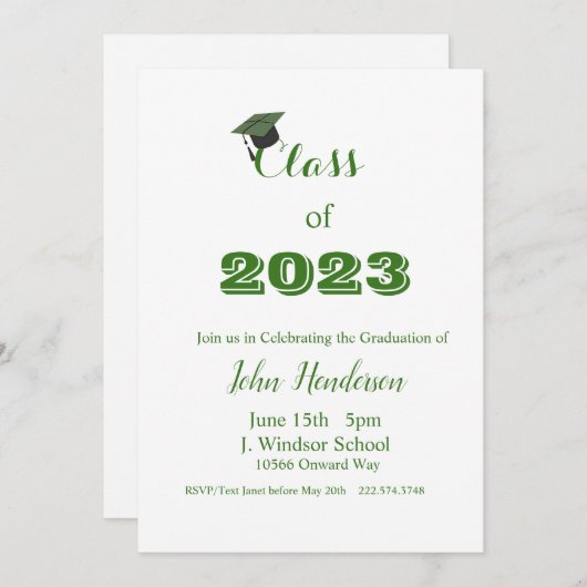 Afstuderen Green & White Invitation Class of 2023 Kaart (Voorkant / Achterkant)