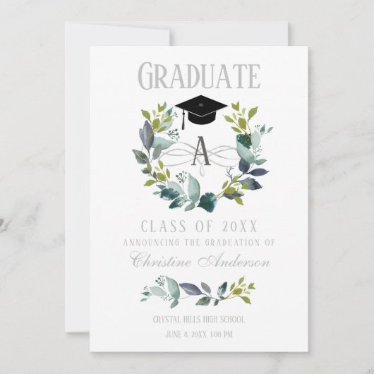 Afstuderen Greenery Wreath Monogram Black Afstudee Aankondiging (Voorkant)