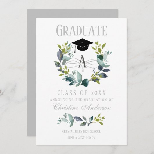 Afstuderen Greenery Wreath Monogram Black Afstudee Aankondiging (Voorkant / Achterkant)