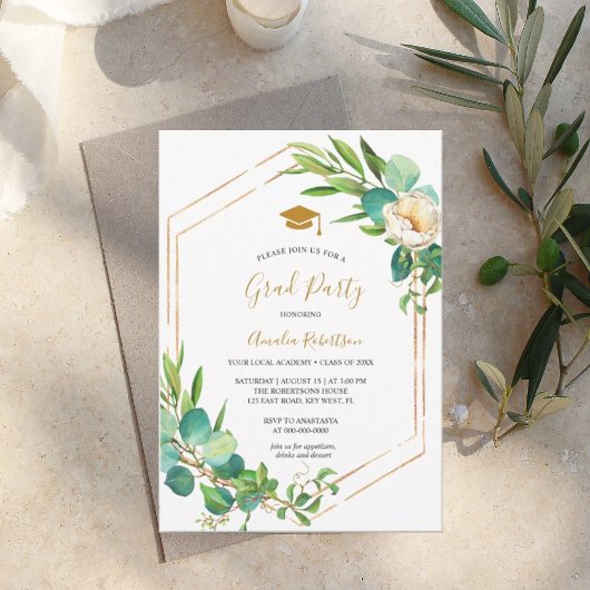 Afstuderen Groen Bloemen en Golden Invitation Kaart