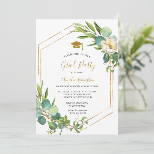 Afstuderen Groen Bloemen en Golden Invitation Kaart (Staand voorkant)