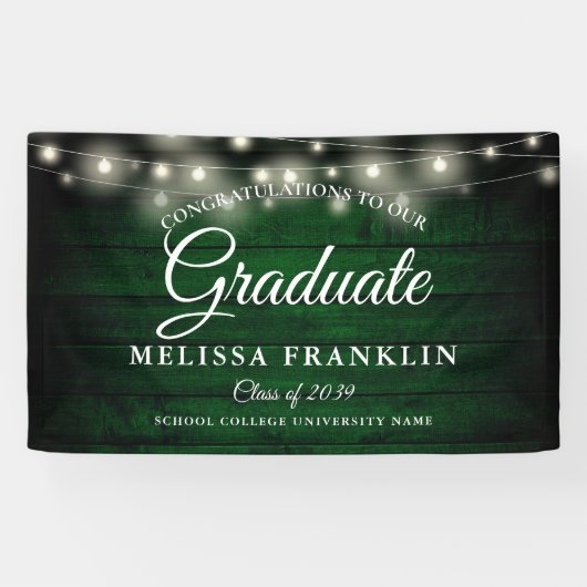 Afstuderen Groene Rustic Wood String Lights Spandoek (Horizontaal)