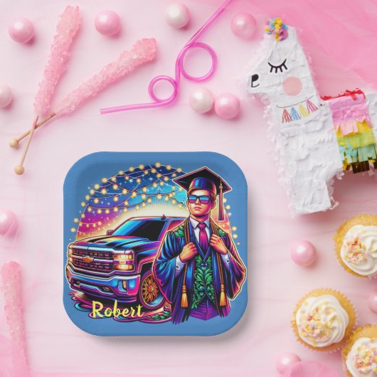 Afstuderen Guy Met Pickup Truck Custom Papieren Bordje (Feest)