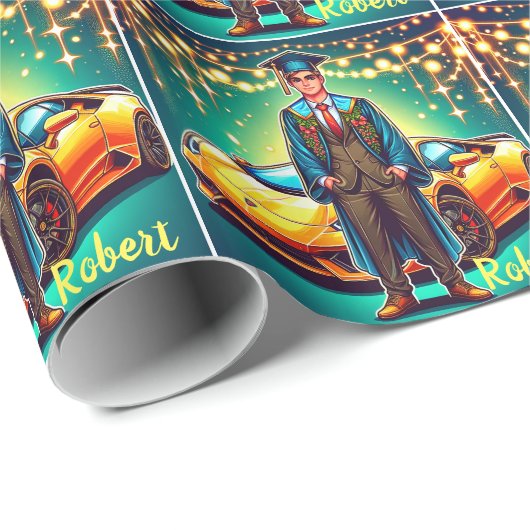 Afstuderen Guy Met Snelle Auto Custom Cadeaupapier (Rol Hoek)