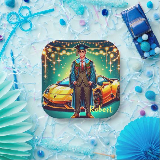 Afstuderen Guy Met Snelle Auto Custom Papieren Bordje (Feest)