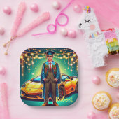 Afstuderen Guy Met Snelle Auto Custom Papieren Bordje (Feest)