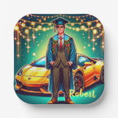 Afstuderen Guy Met Snelle Auto Custom Papieren Bordje (Voorkant)