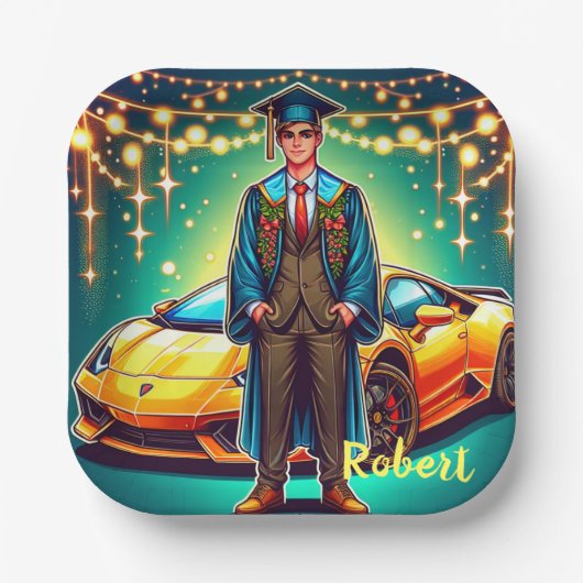 Afstuderen Guy Met Snelle Auto Custom Papieren Bordje (Voorkant)