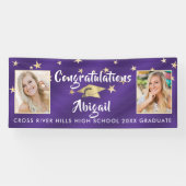 Afstuderen Hand Lettered Foto Paarse Gold Stars Spandoek (Horizontaal)
