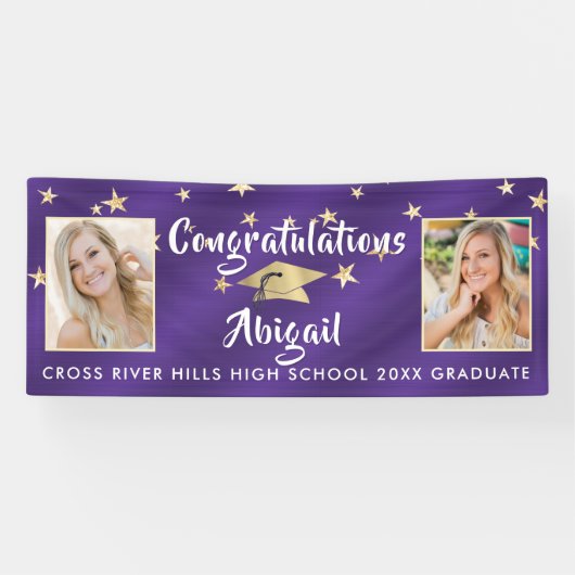 Afstuderen Hand Lettered Foto Paarse Gold Stars Spandoek (Horizontaal)