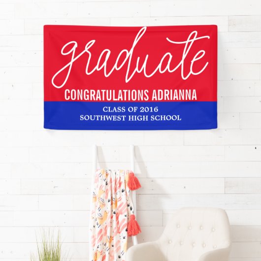 Afstuderen handgeschreven felicitaties rood blauw spandoek (Insitu)