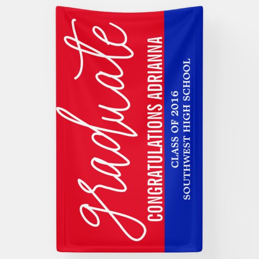 Afstuderen handgeschreven felicitaties rood blauw spandoek (Verticaal)