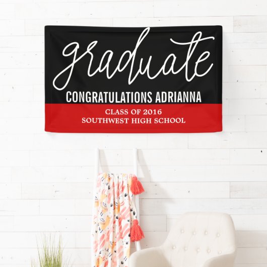 Afstuderen handgeschreven felicitaties zwart rood spandoek (Insitu)