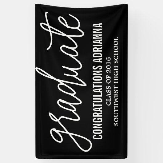 Afstuderen handgeschreven script gelukwensen zwart spandoek (Verticaal)