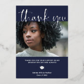 Afstuderen Hartelijk dank | Blauw met zilverfolie Folie Uitnodiging (Voorkant)