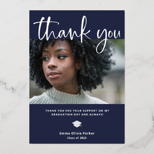 Afstuderen Hartelijk dank | Blauw met zilverfolie Folie Uitnodiging (Voorkant)