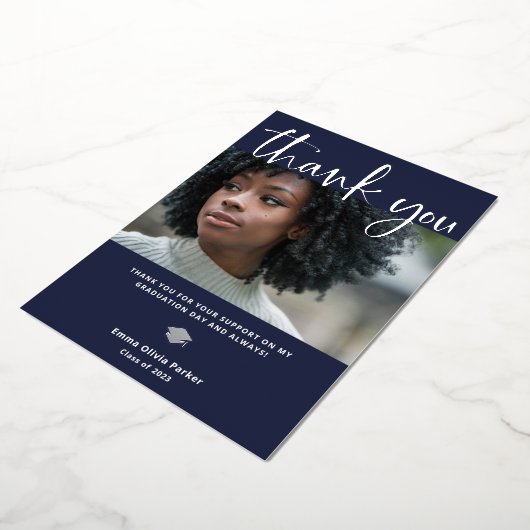 Afstuderen Hartelijk dank | Blauw met zilverfolie Folie Uitnodiging (Gedraaid)