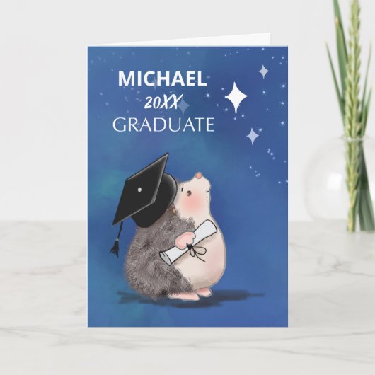 Afstuderen Hedgehog met Pet en Diploma Kaart (Voorkant)
