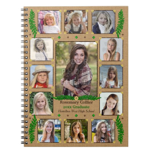 Afstuderen High School Photo Collage | Burlap Fern Notitieboek (Voorkant)
