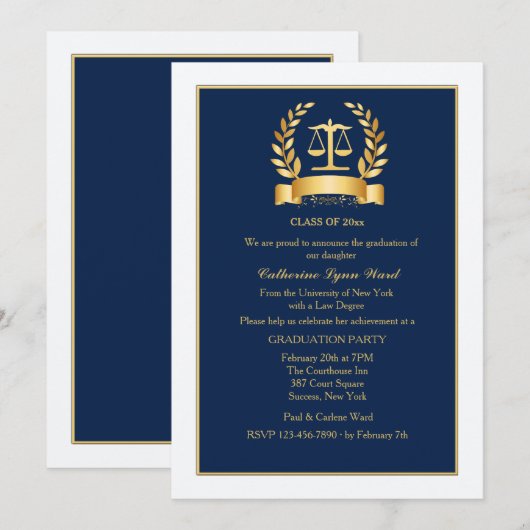 Afstuderen Honours Navy en White Invitation Kaart (Voorkant / Achterkant)