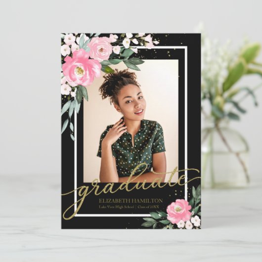 Afstuderen Hot Pink Floral Afstudeerder Aankondigi Aankondiging (Staand voorkant)