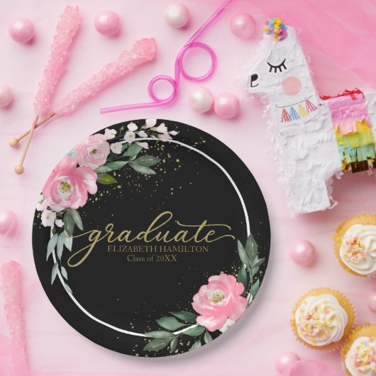 Afstuderen Hot Pink Floral Graduation Party Zwart Papieren Bordje (Feest)