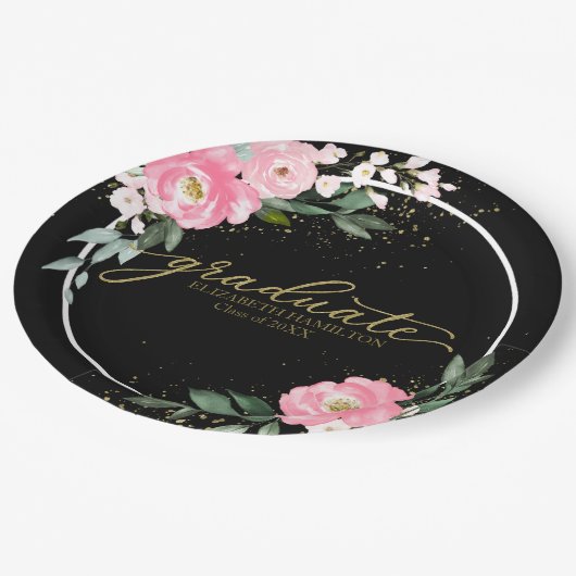 Afstuderen Hot Pink Floral Graduation Party Zwart Papieren Bordje (Gekanteld)