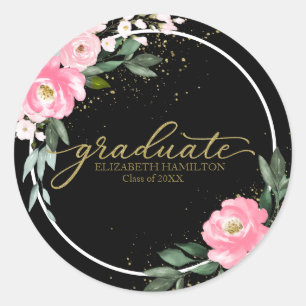 Afstuderen Hot Pink Floral Graduation Party Zwart Ronde Sticker