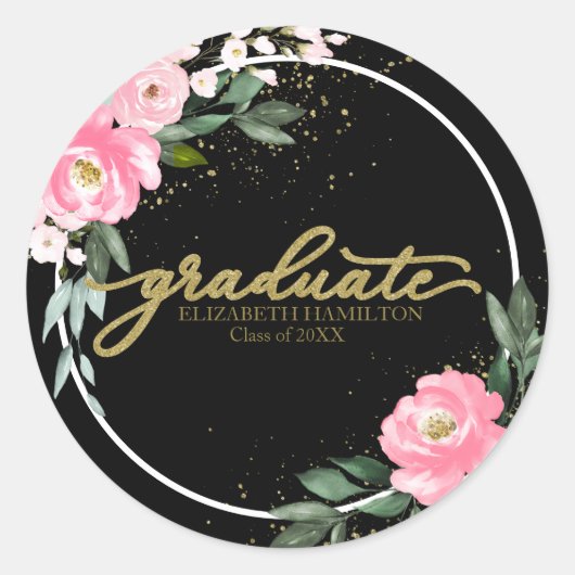 Afstuderen Hot Pink Floral Graduation Party Zwart Ronde Sticker (Voorkant)