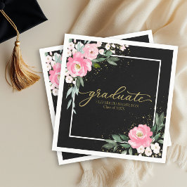 Afstuderen Hot Pink Floral Graduation Party Zwart Servet