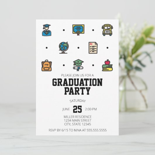 Afstuderen Icons Graduation Party Invitation Kaart (Staand voorkant)