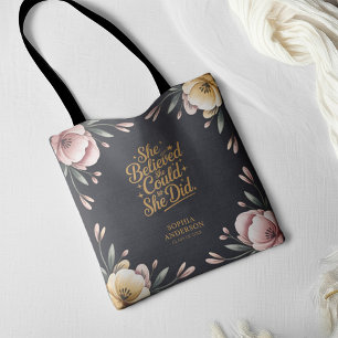 Afstuderen Inspirerend Quote Zwart & Goud Bloemen Tote Bag