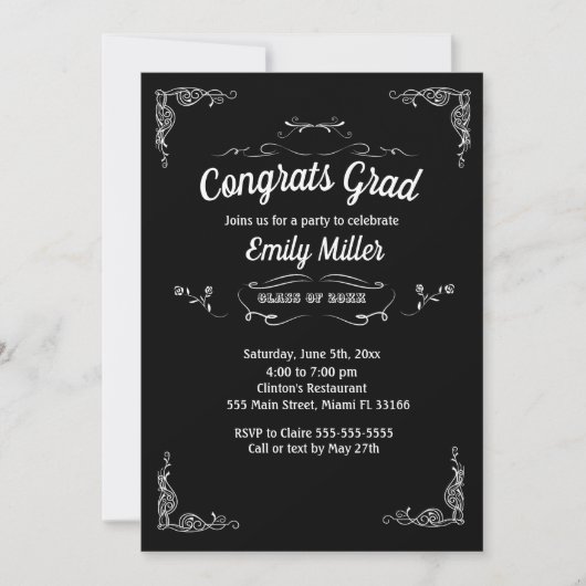Afstuderen Invitation Black White Chalkboard Kaart (Voorkant)